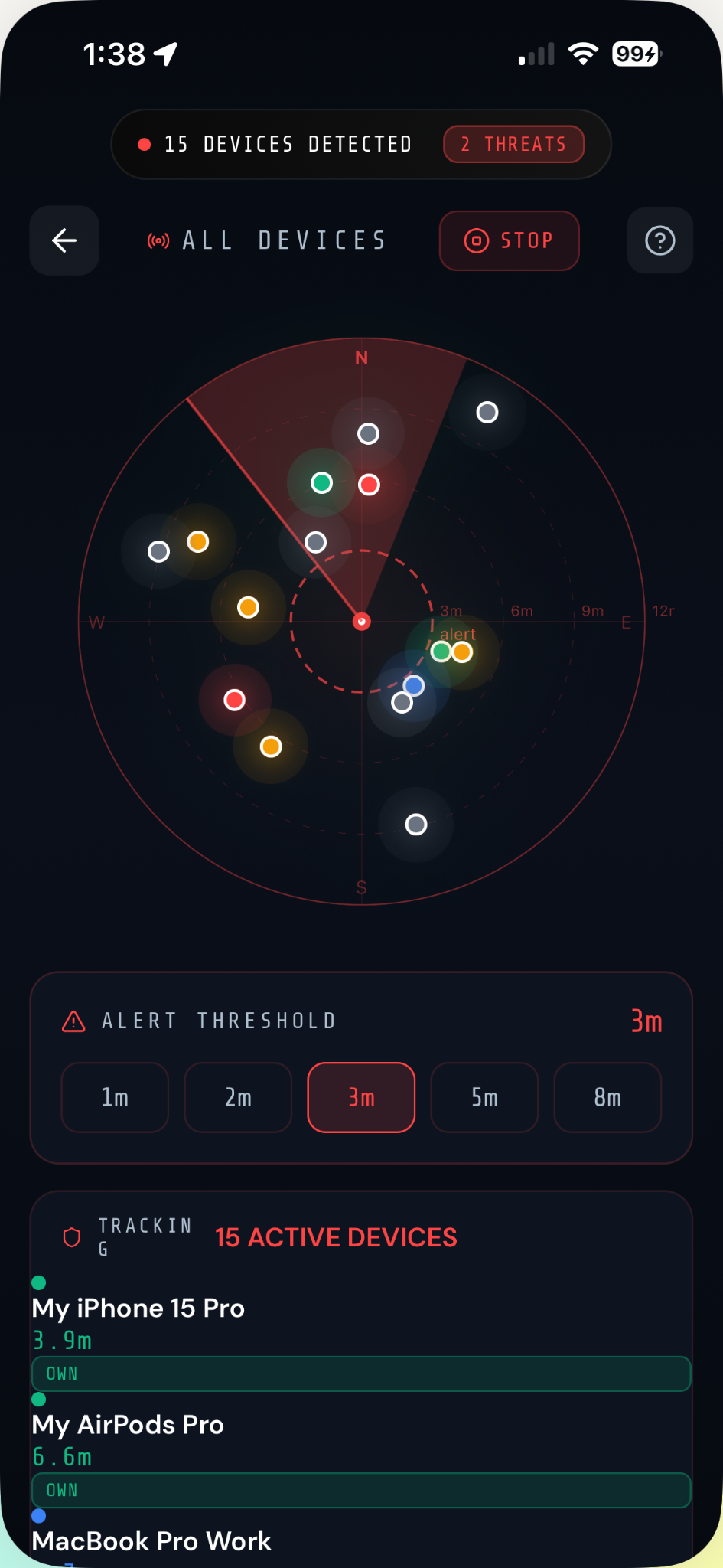 VigilWatch live scan screen — dark mode